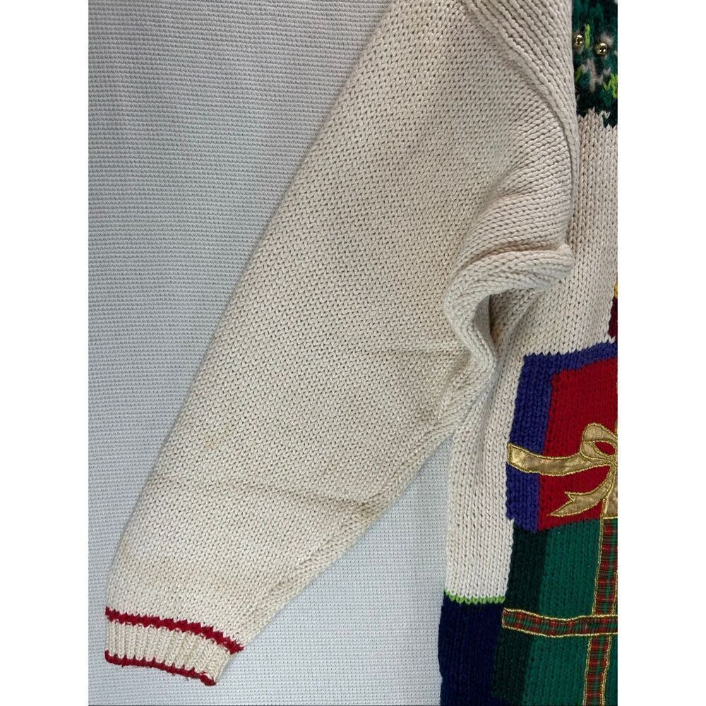 Vtg Casual Corner Christmas Sweater M Hand Knit Bear Tree Beaded Cottage Holiday - Picture 10 of 16